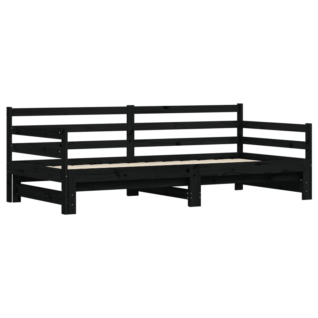 Solid Wood Black Daybed with Trundle, 80x200 cm - No Mattress