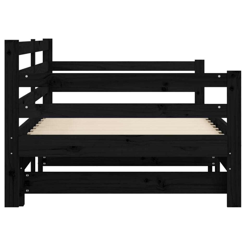 Solid Wood Black Daybed with Trundle, 80x200 cm - No Mattress