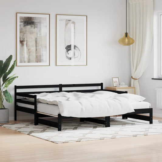 Solid Wood Black Daybed with Trundle, 80x200 cm - No Mattress