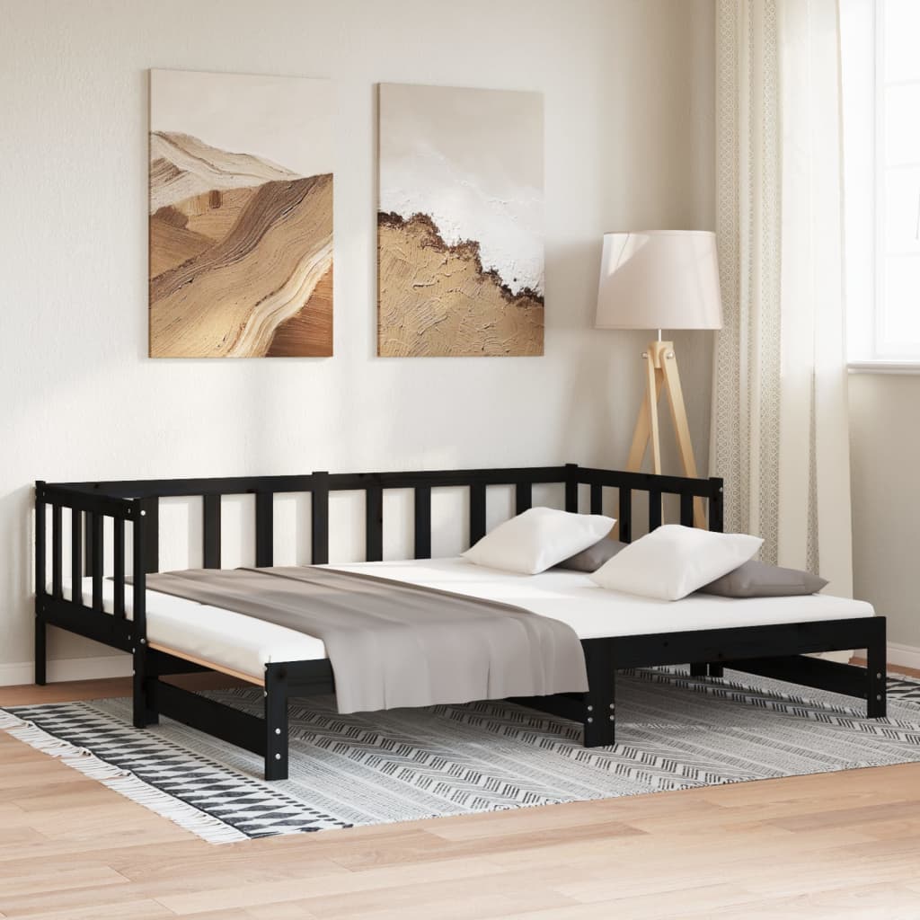 Solid Wood Black Day Bed with Trundle 90x200 cm – No Mattress Included