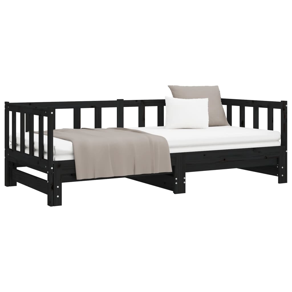 Solid Wood Black Day Bed with Trundle 90x200 cm – No Mattress Included