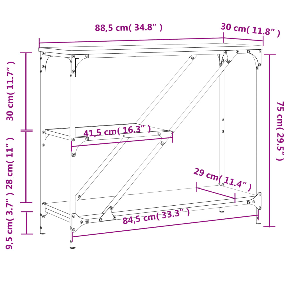 Sonoma Grey Console Table - 88.5x30x75 cm Engineered Wood