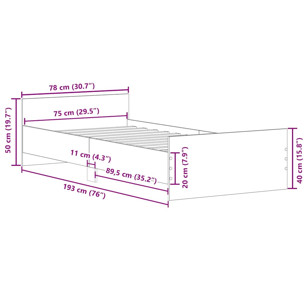 White Small Single Bed Frame 75x190 cm - Engineered Wood