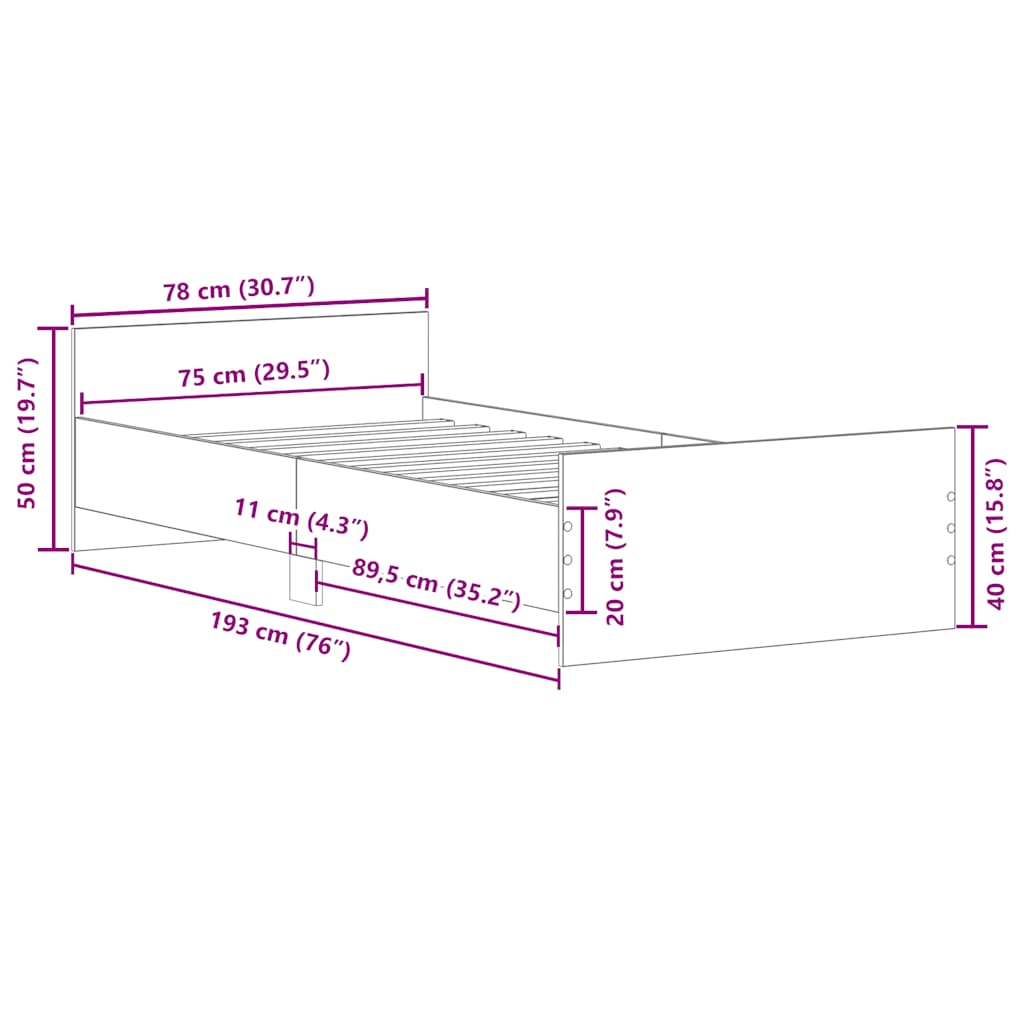 Grey Sonoma Small Single Bed Frame 75x190cm - Engineered Wood