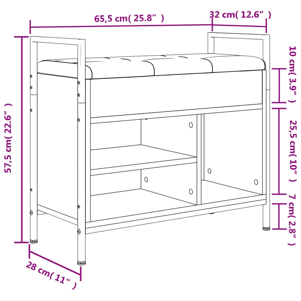 Black Engineered Wood Shoe Bench 65.5x32x57.5 cm Organizer