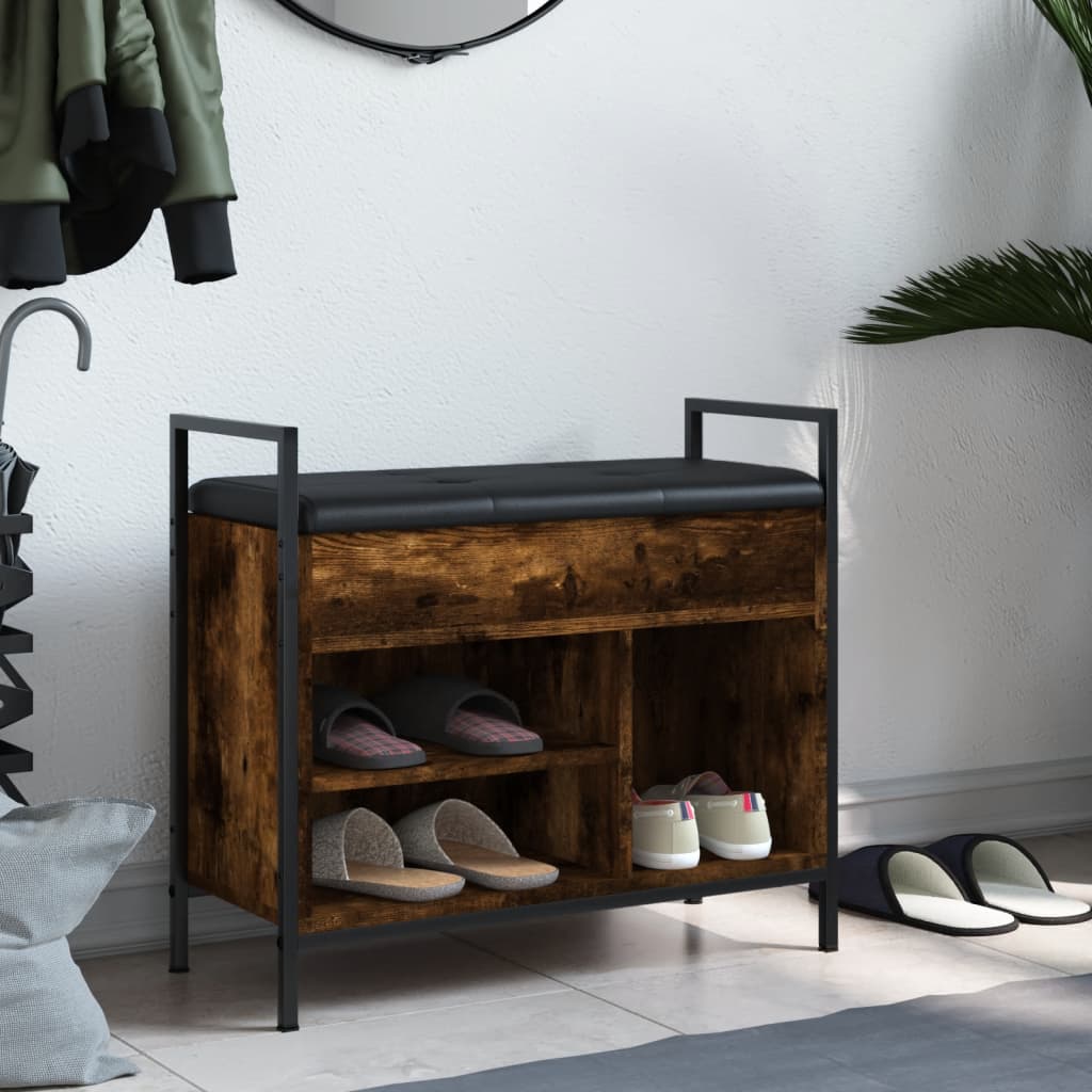 Compact Smoked Oak Shoe Bench - Engineered Wood 65.5x32x57.5 cm