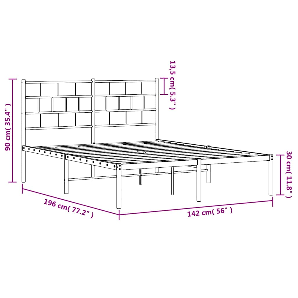 Black Metal Bed Frame with Headboard - 135x190cm, No Mattress