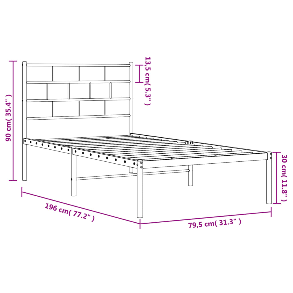 White Metal Bed Frame with Headboard – 75x190cm, No Mattress