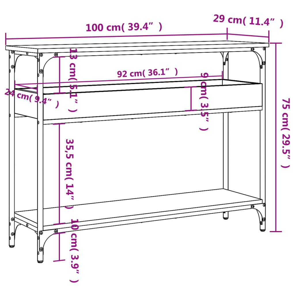 Grey Sonoma Console Table with Shelf - 100x29x75cm Engineered Wood