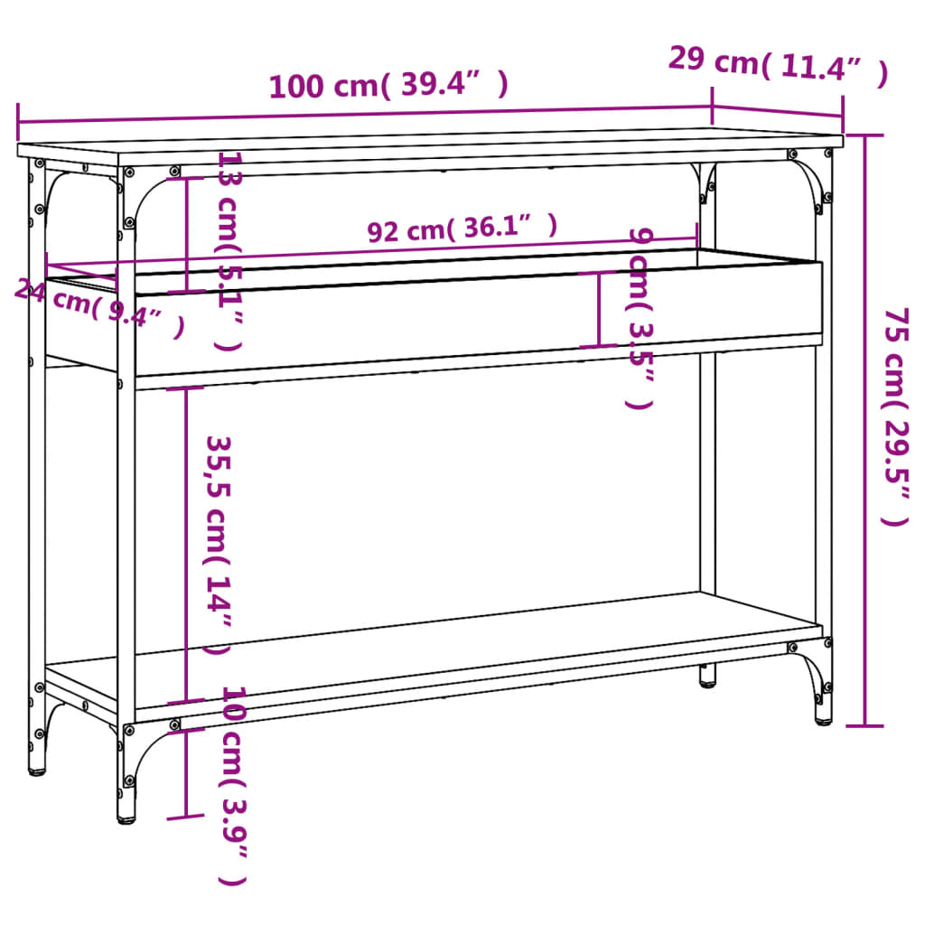 Brown Oak Console Table with Shelf - 100x29x75cm Engineered Wood