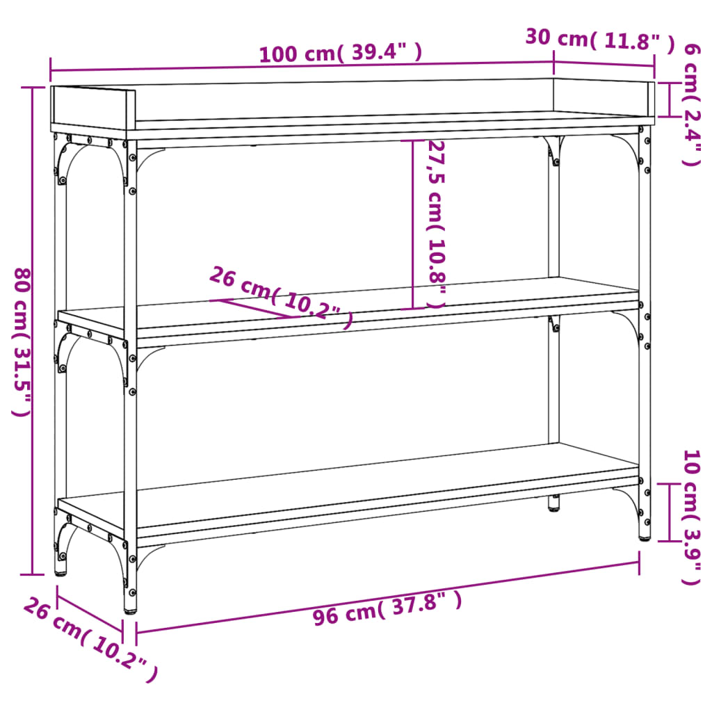 Sleek Black Console Table with Shelves - 100x30x80 cm, Modern Design