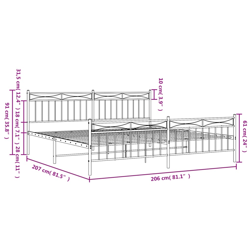 Metal Bed Frame without Mattress with Footboard White 200x200cm