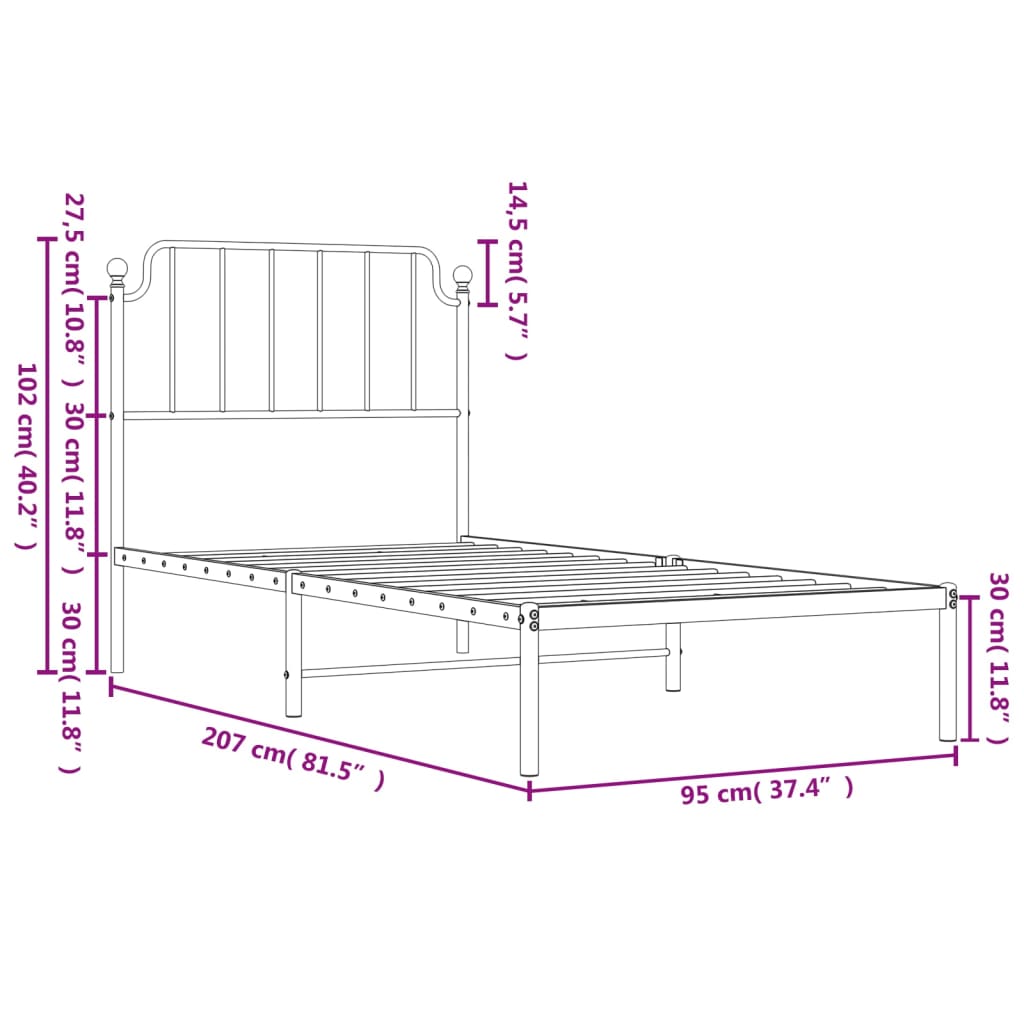White Metal Bed Frame with Headboard - No Mattress 90x200cm