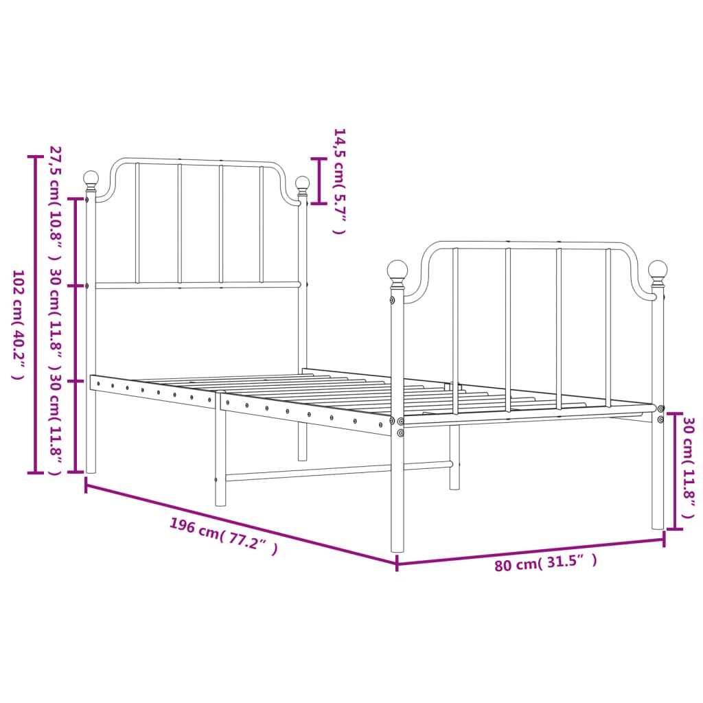 White Metal Bed Frame with Footboard, 75x190cm, No Mattress