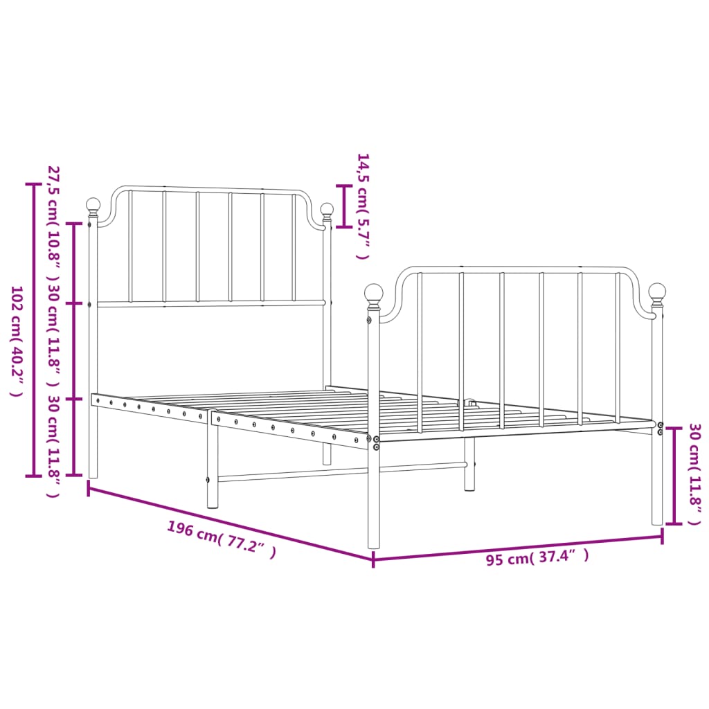White Metal Bed Frame with Footboard 90x190cm, No Mattress Included