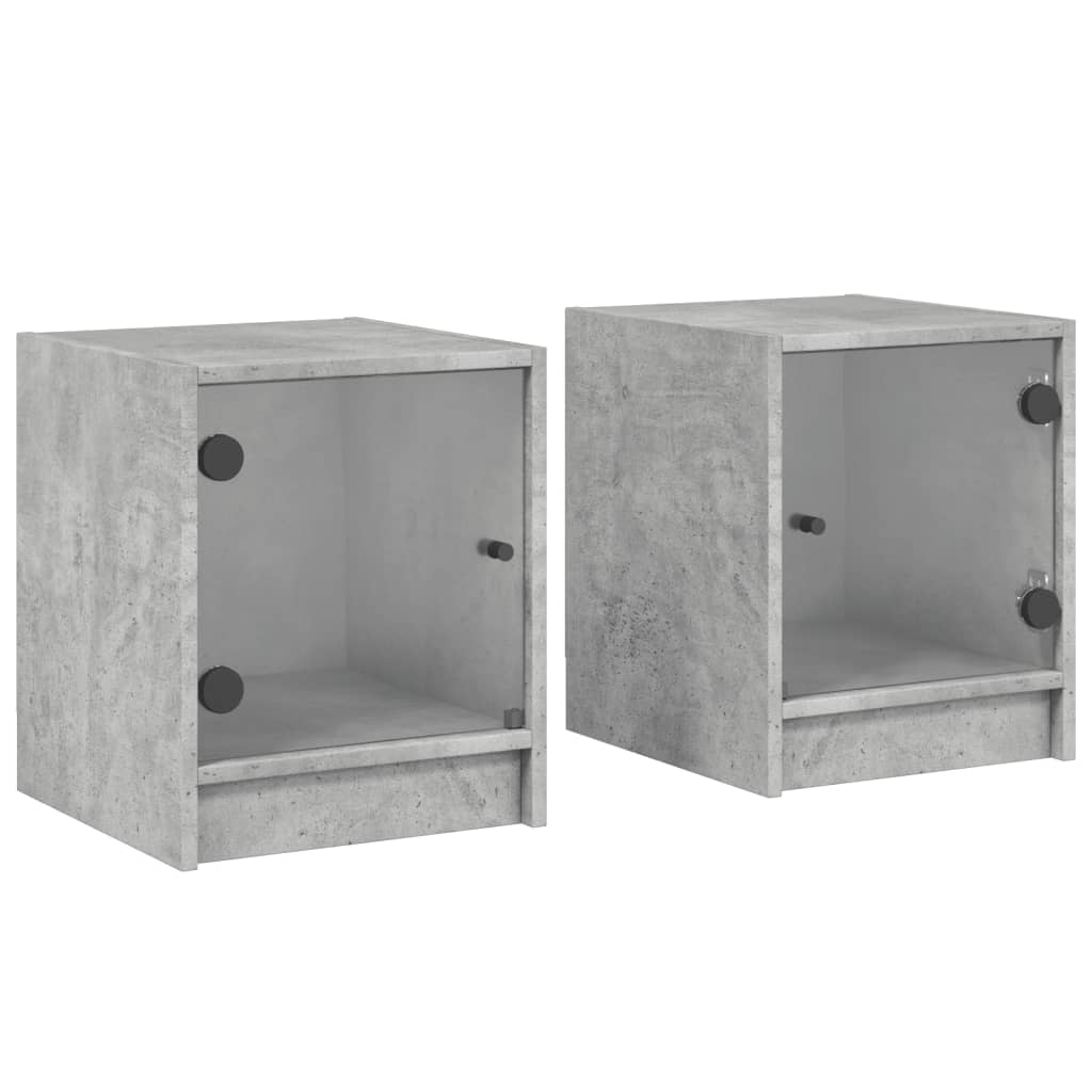 Concrete Grey Bedside Cabinets with Glass Doors - Set of 2, 35x37x42 cm