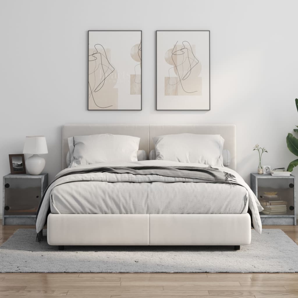 Concrete Grey Bedside Cabinets with Glass Doors - Set of 2, 35x37x42 cm