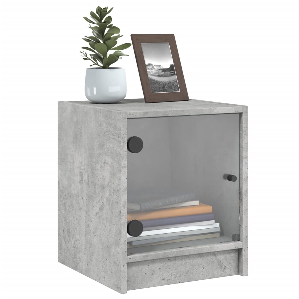 Concrete Grey Bedside Cabinets with Glass Doors - Set of 2, 35x37x42 cm