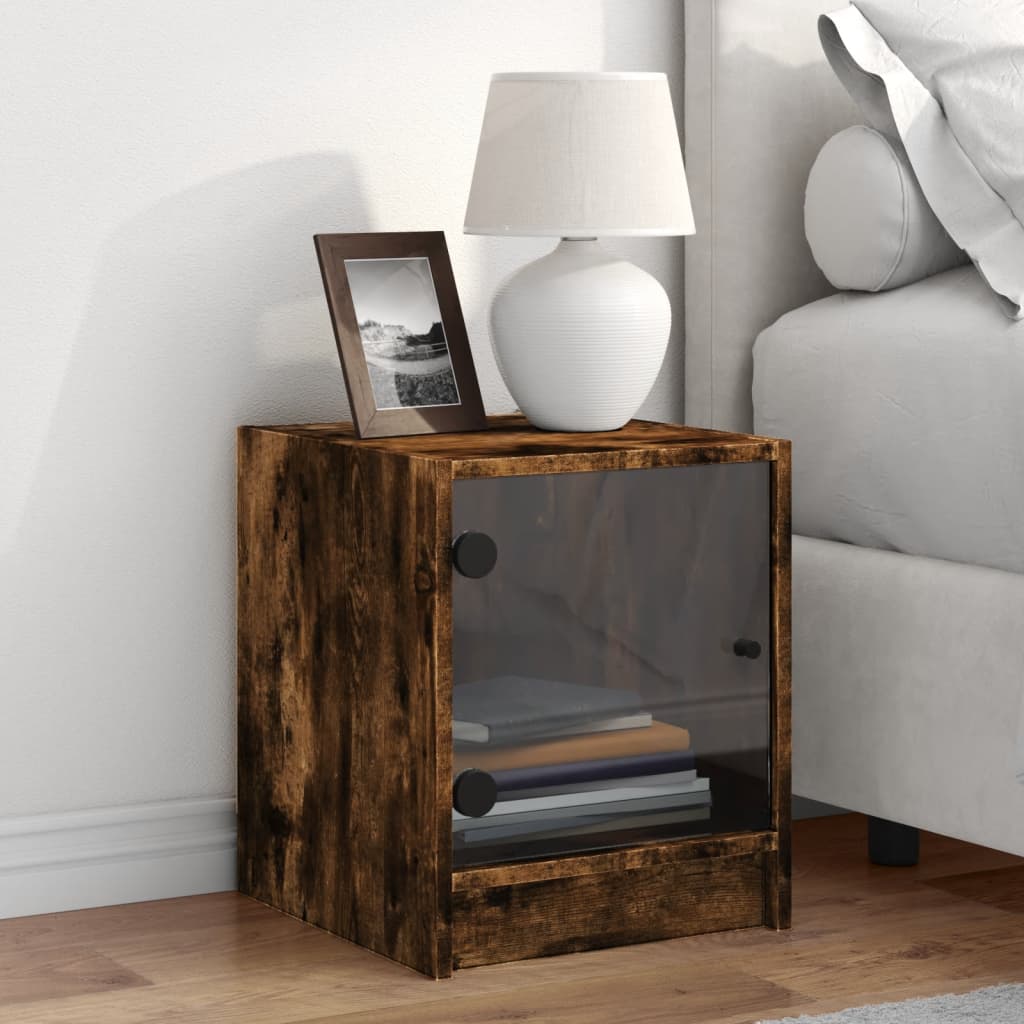 Smoked Oak Bedside Cabinet with Glass Door - 35x37x42 cm