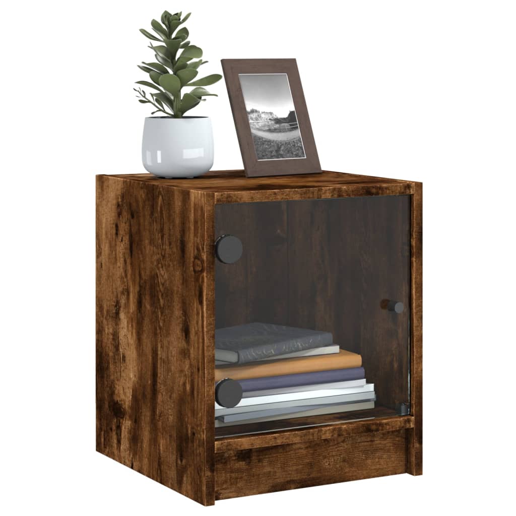Smoked Oak Bedside Cabinet with Glass Door - 35x37x42 cm