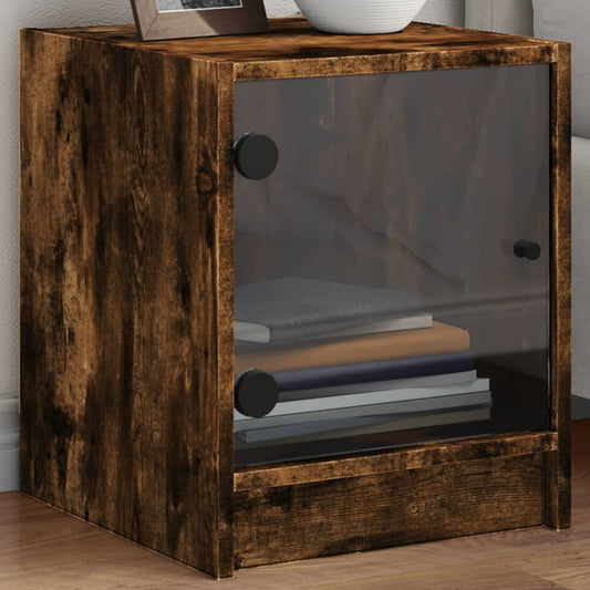 Smoked Oak Bedside Cabinet with Glass Door - 35x37x42 cm