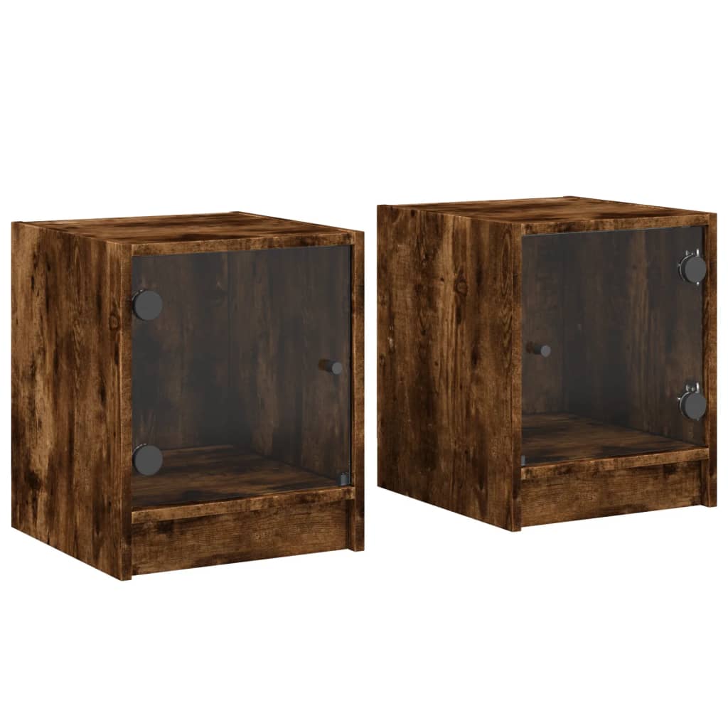 Smoked Oak Bedside Cabinets with Glass Doors - Set of 2, 35x37x42 cm