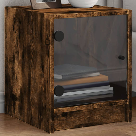 Smoked Oak Bedside Cabinets with Glass Doors - Set of 2, 35x37x42 cm