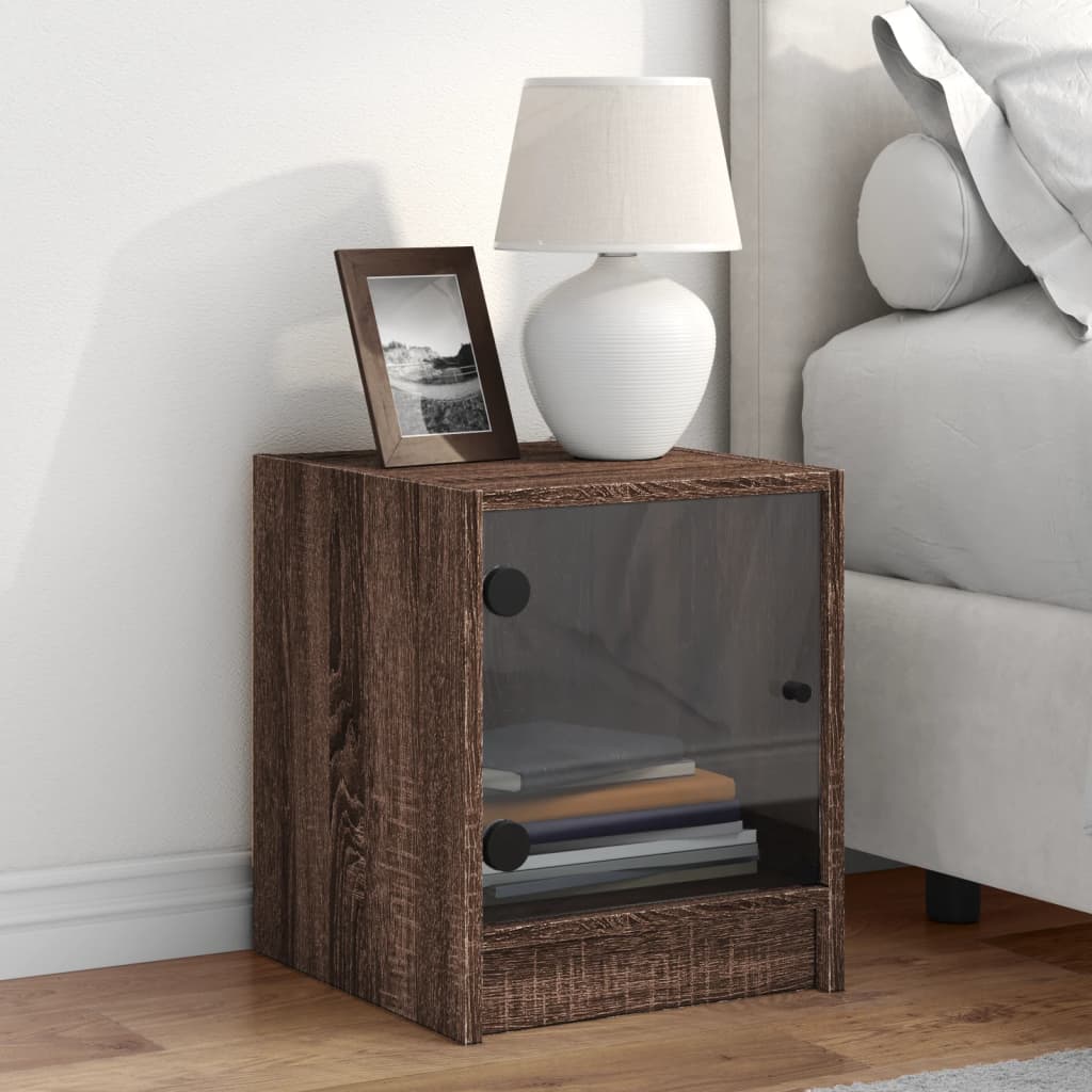 Brown Oak Bedside Cabinet with Glass Door - 35x37x42 cm