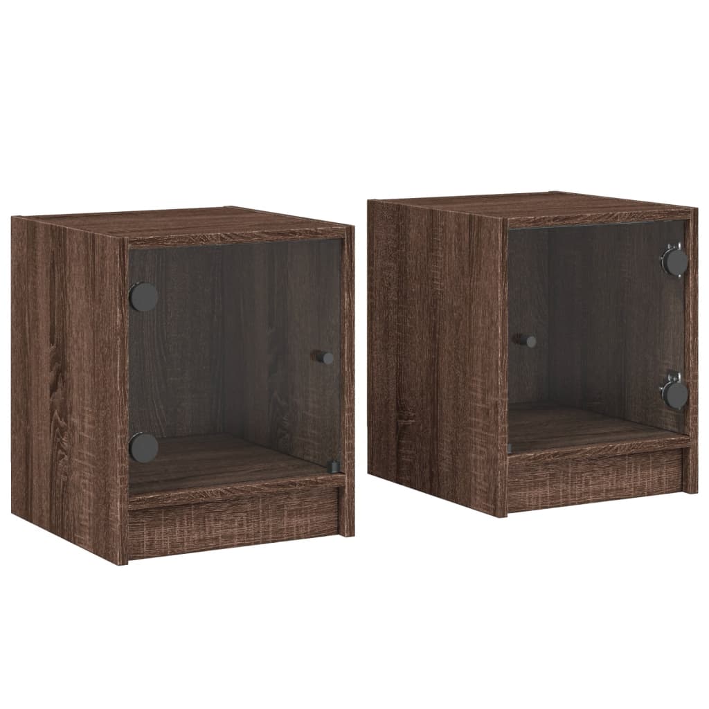 Brown Oak Bedside Cabinets with Glass Doors - Set of 2, 35x37x42 cm