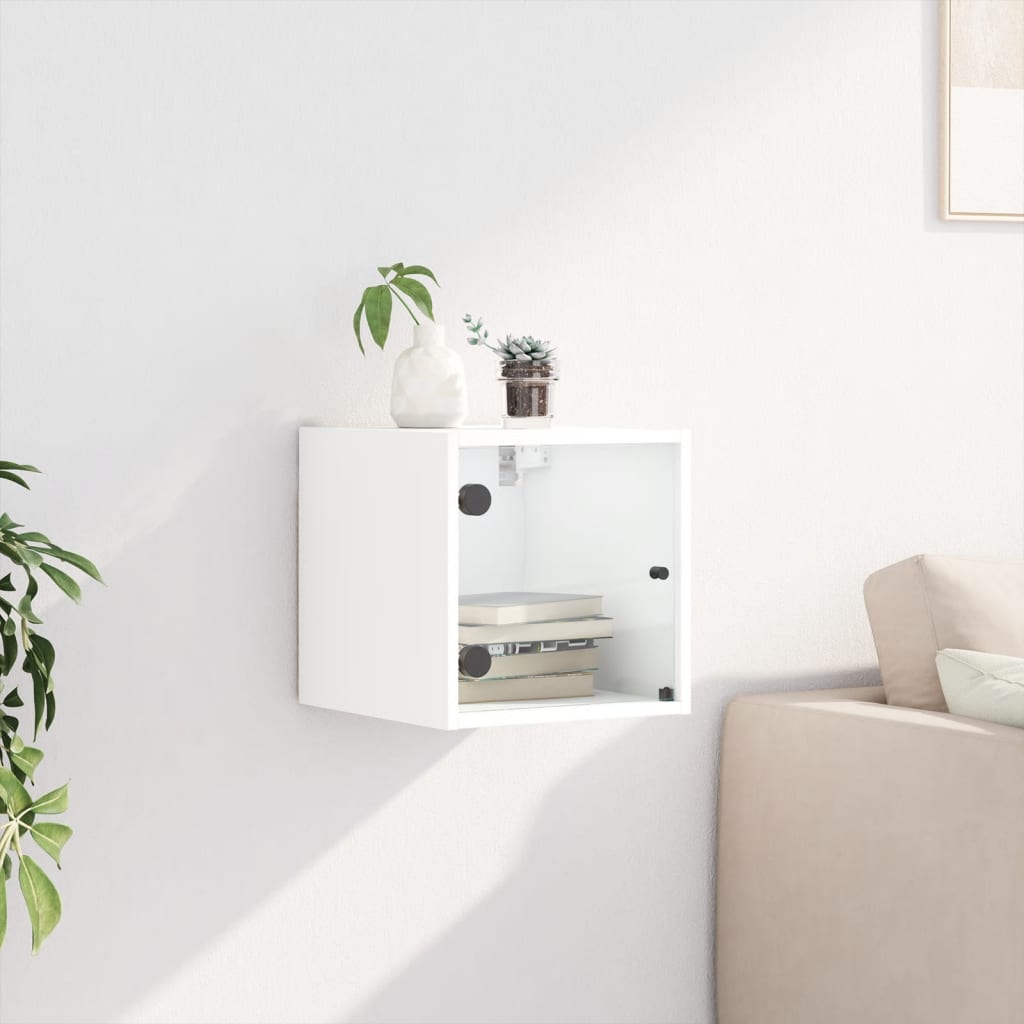 White Bedside Cabinet with Glass Door - 35x37x35 cm Wood Finish