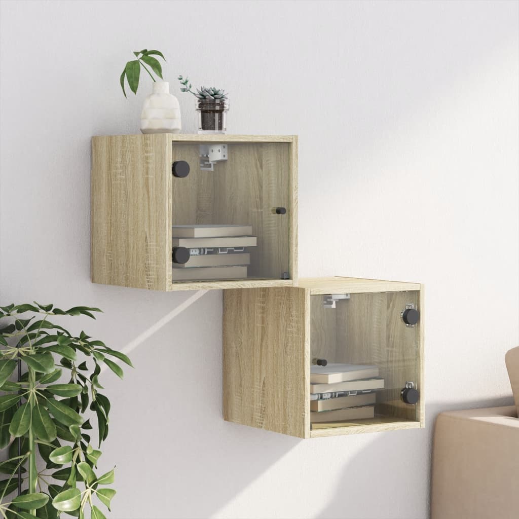 Sonoma Oak Bedside Cabinets with Glass Doors - Set of 2, 35x37x35 cm