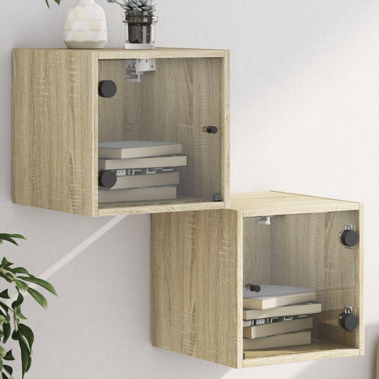 Sonoma Oak Bedside Cabinets with Glass Doors - Set of 2, 35x37x35 cm