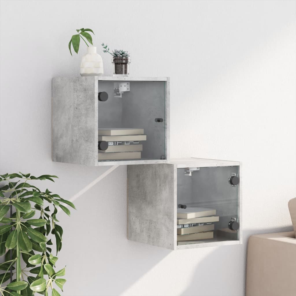 Concrete Grey Bedside Cabinets with Glass Doors, 2pcs, 35x37x35cm