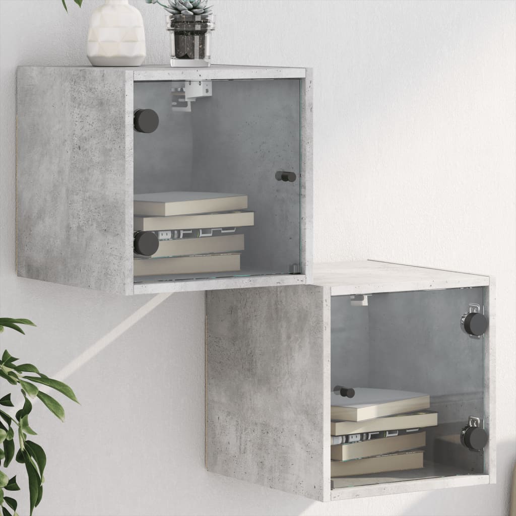Concrete Grey Bedside Cabinets with Glass Doors, 2pcs, 35x37x35cm