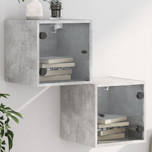 Concrete Grey Bedside Cabinets with Glass Doors, 2pcs, 35x37x35cm
