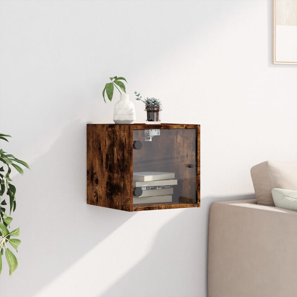 Smoked Oak Bedside Cabinet with Glass Door - 35x37x35 cm
