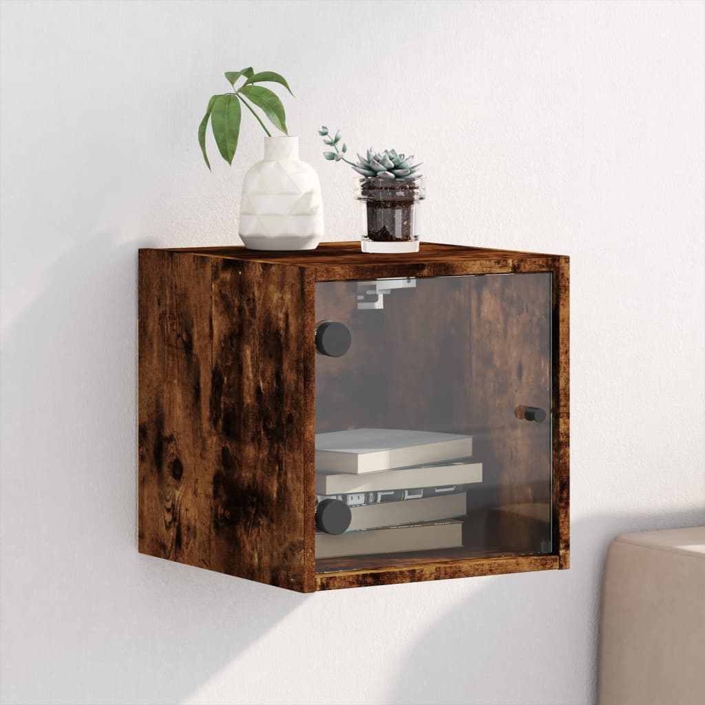 Smoked Oak Bedside Cabinet with Glass Door - 35x37x35 cm