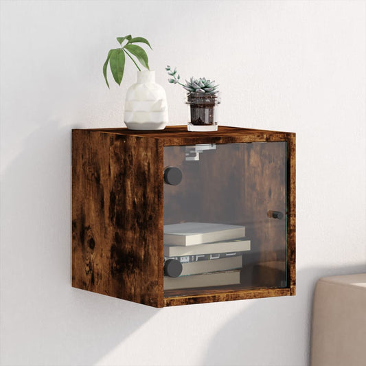 Smoked Oak Bedside Cabinet with Glass Door - 35x37x35 cm