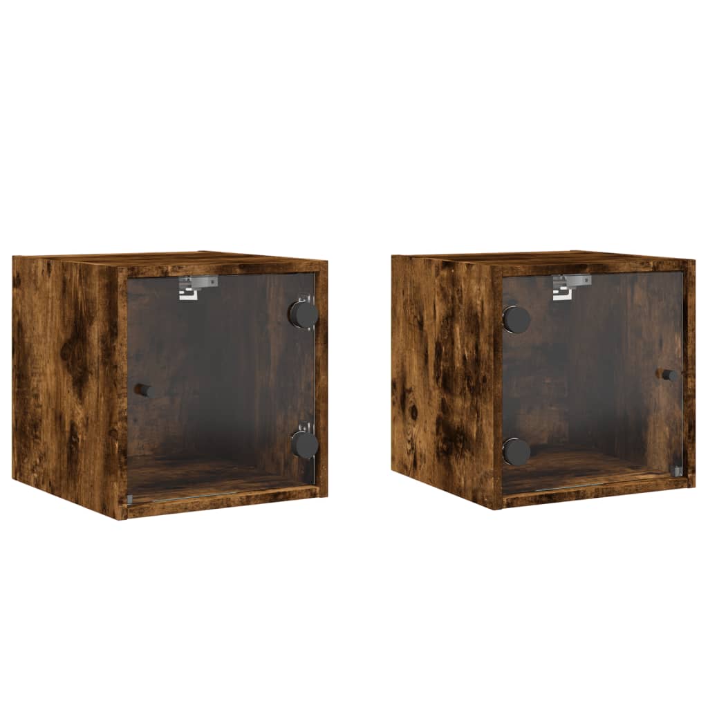 Smoked Oak Bedside Cabinets with Glass Doors 2pcs, 35x37x35 cm