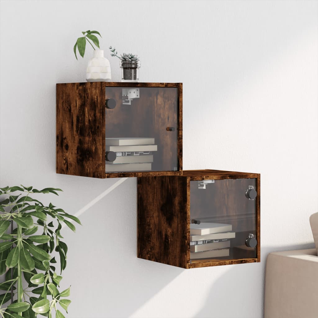Smoked Oak Bedside Cabinets with Glass Doors 2pcs, 35x37x35 cm