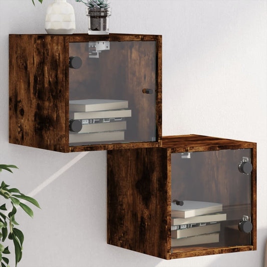 Smoked Oak Bedside Cabinets with Glass Doors 2pcs, 35x37x35 cm
