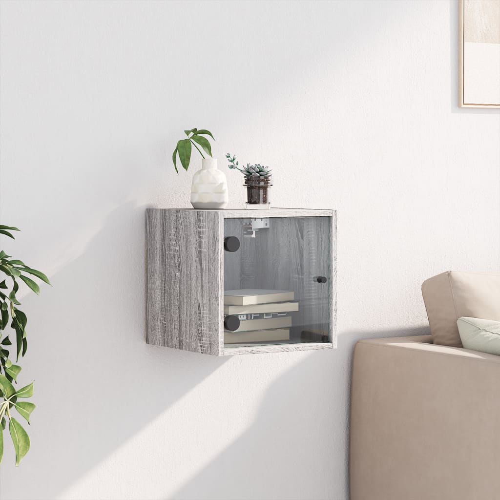 Grey Sonoma Bedside Cabinet with Glass Door, 35x37x35 cm