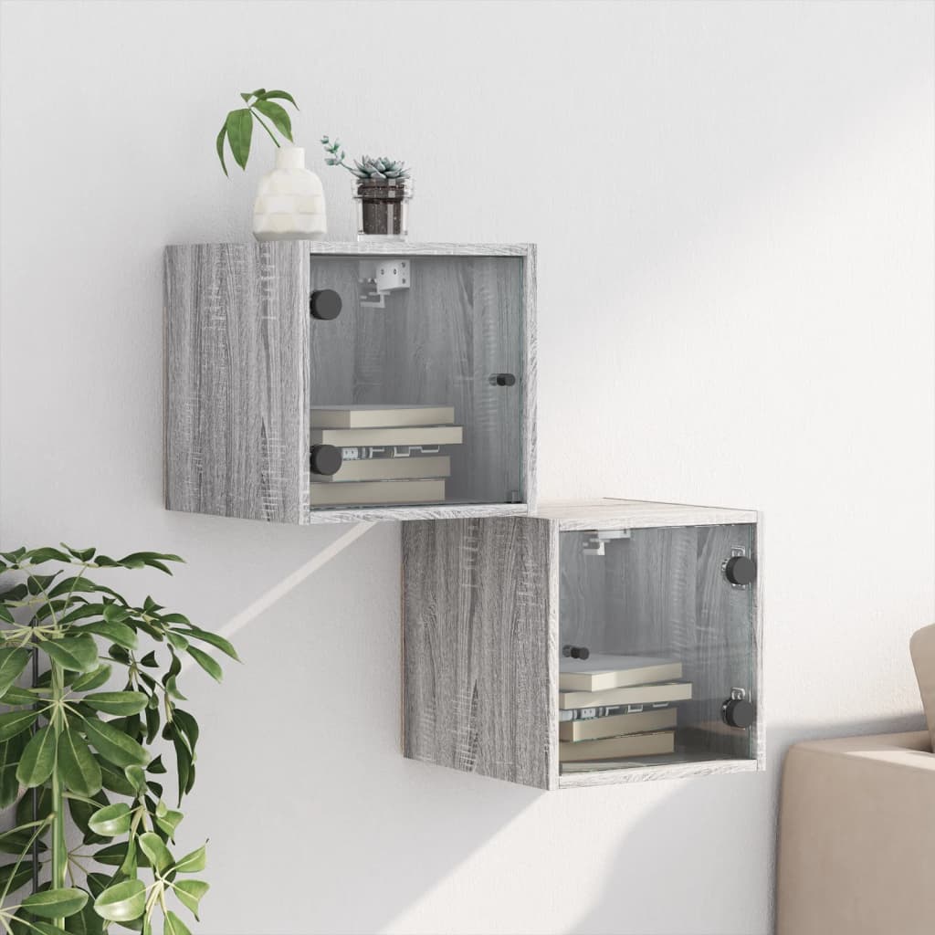 Grey Sonoma Bedside Cabinets with Glass Doors 2pcs - 35x37x35 cm