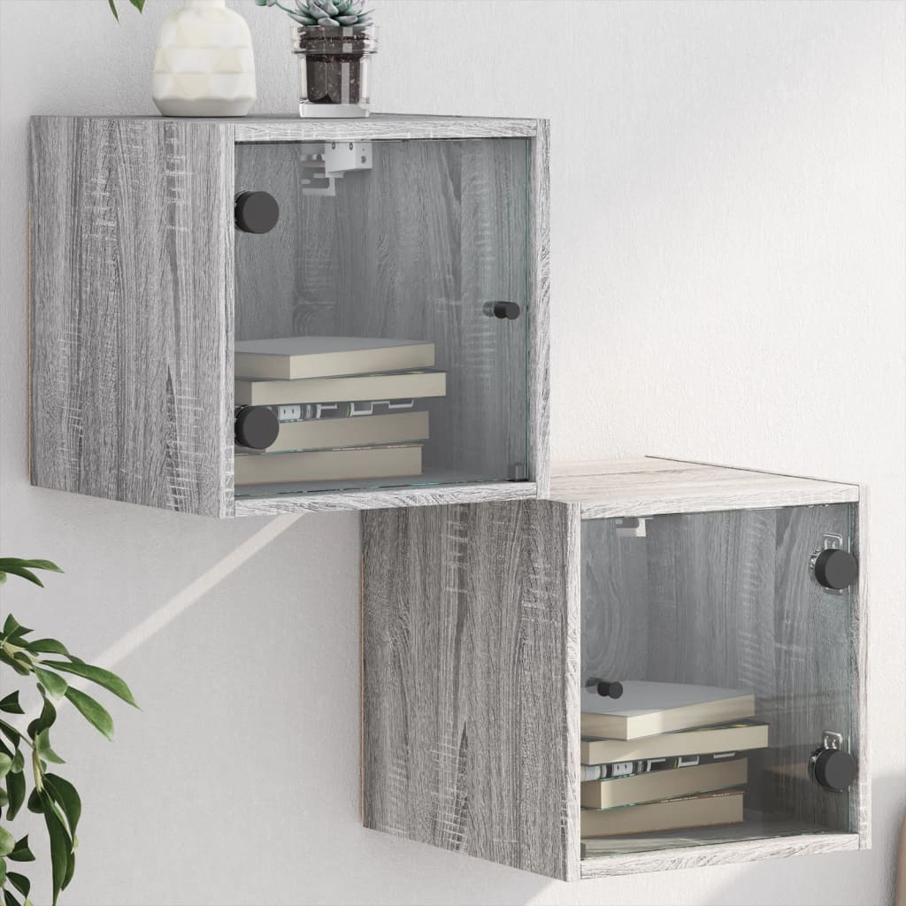 Grey Sonoma Bedside Cabinets with Glass Doors 2pcs - 35x37x35 cm