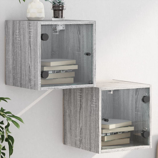 Grey Sonoma Bedside Cabinets with Glass Doors 2pcs - 35x37x35 cm