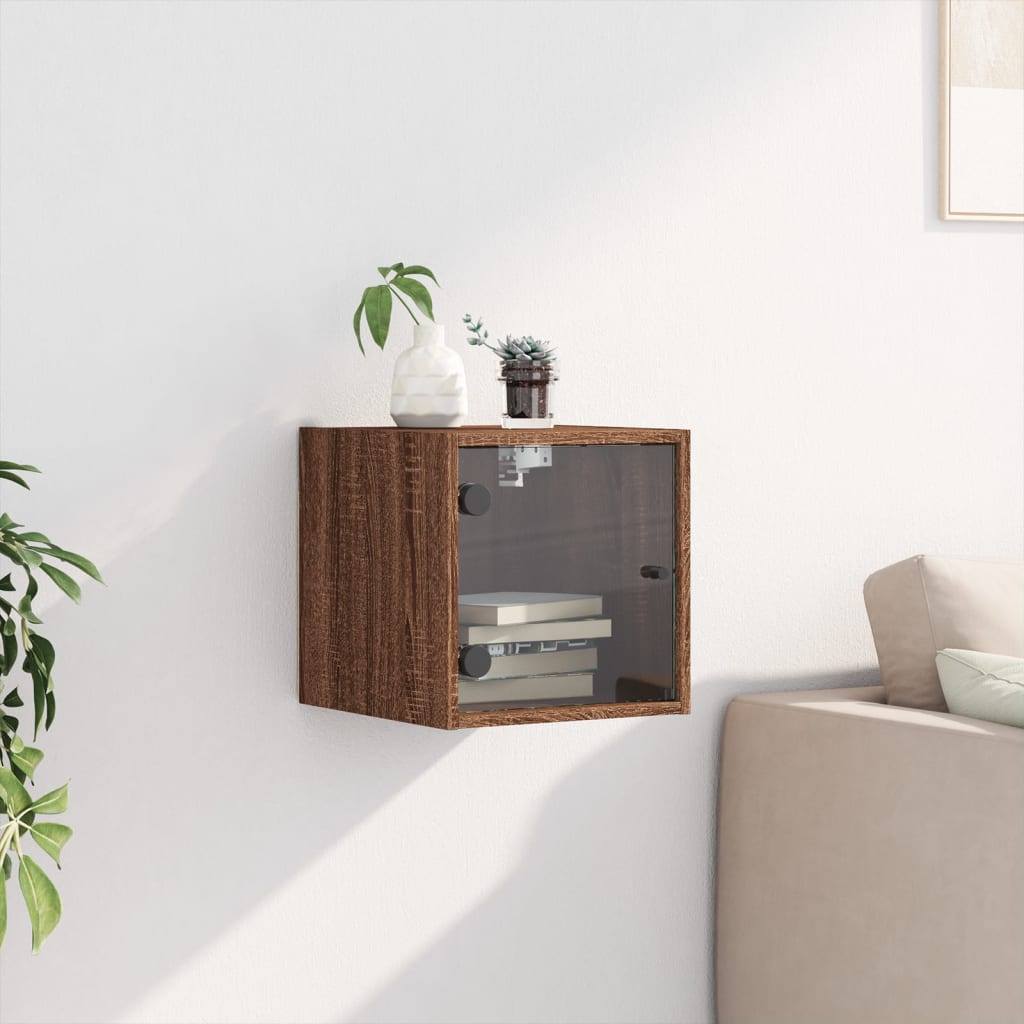 Brown Oak Bedside Cabinet w/ Glass Door - 35x37x35 cm
