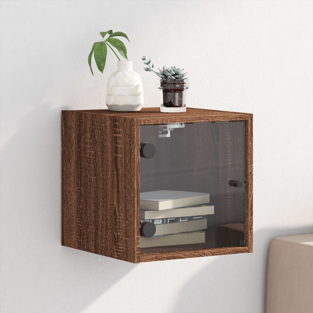 Brown Oak Bedside Cabinet w/ Glass Door - 35x37x35 cm