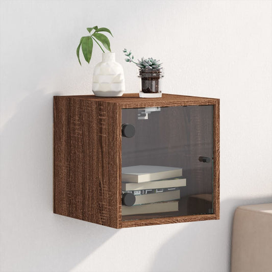 Brown Oak Bedside Cabinet w/ Glass Door - 35x37x35 cm