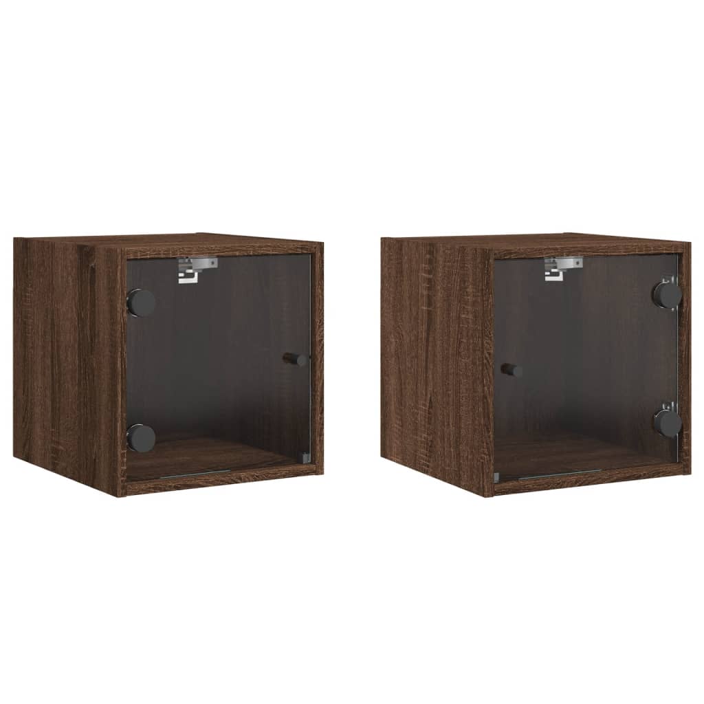 Brown Oak Bedside Cabinets with Glass Doors - Set of 2, 35x37x35 cm