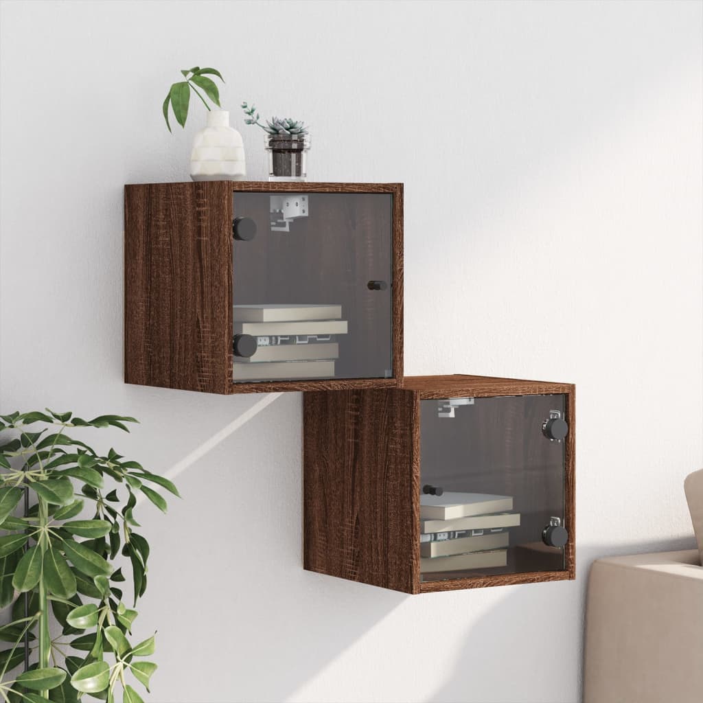 Brown Oak Bedside Cabinets with Glass Doors - Set of 2, 35x37x35 cm